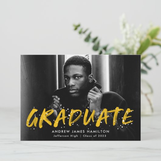 黄絵を描（ばちゃばちゃ）跳ねる写真卒業パーティー 招待状 (スタンド正面)