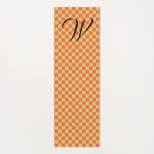 黄緑と薄いピンクのチェッカーボーモノグラムのド ヨガマット (正面)