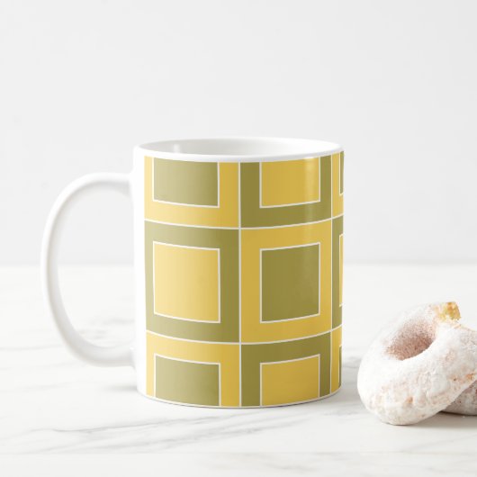 黄緑のスクエア幾何学模様 コーヒーマグカップ (ドーナツ)