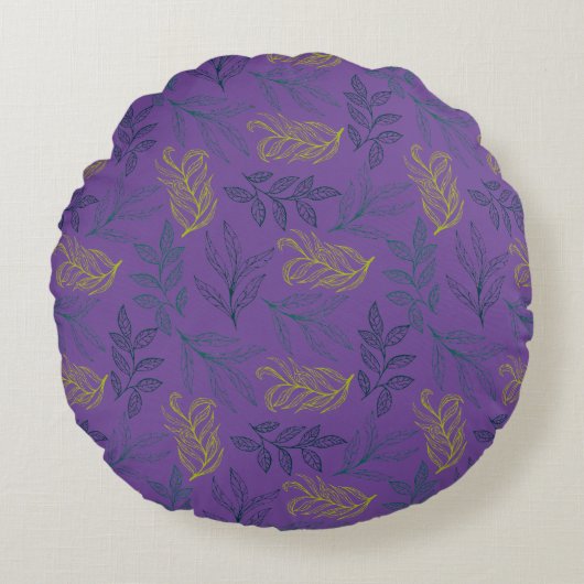 黄緑の葉パターン丸い枕 ラウンドクッション (正面)