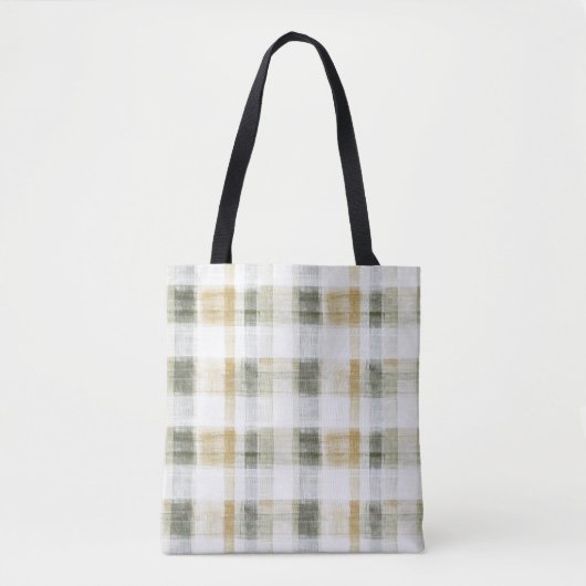 黄緑白のチェック柄ストライプ トートバッグ (正面)