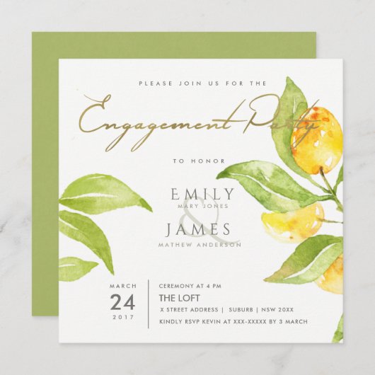 黄緑色の水色の葉オリーブ婚約 招待状 (正面/裏面)