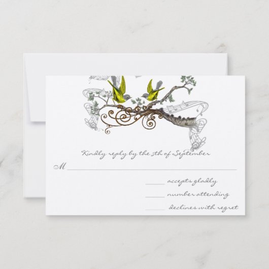 黄翼グレーヴィンテージラブバードウェディングRSVP 出欠カード (裏面)