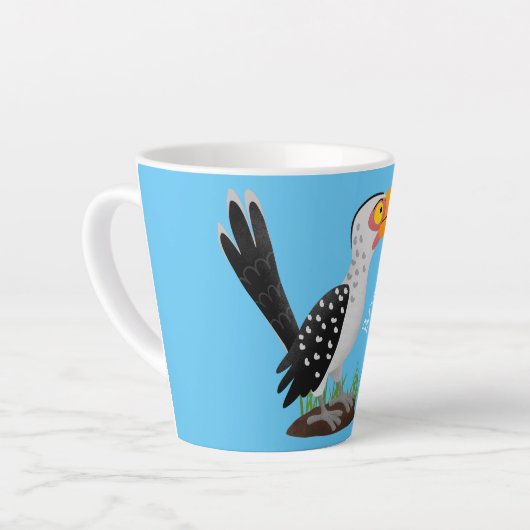 黄色いおもしろいハナシバサリの鳥の漫画 カフェラテマグ (左アングル)