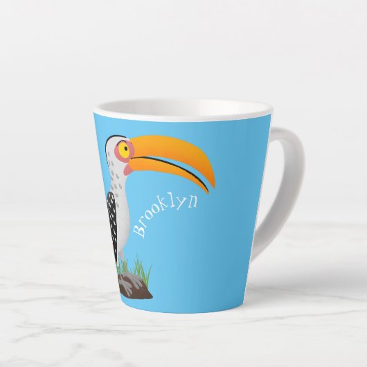 黄色いおもしろいハナシバサリの鳥の漫画 カフェラテマグ (右アングル)