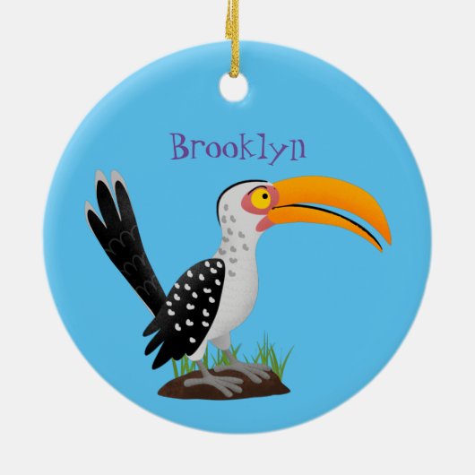 黄色いおもしろいハナシバサリの鳥の漫画 セラミックオーナメント (裏面)