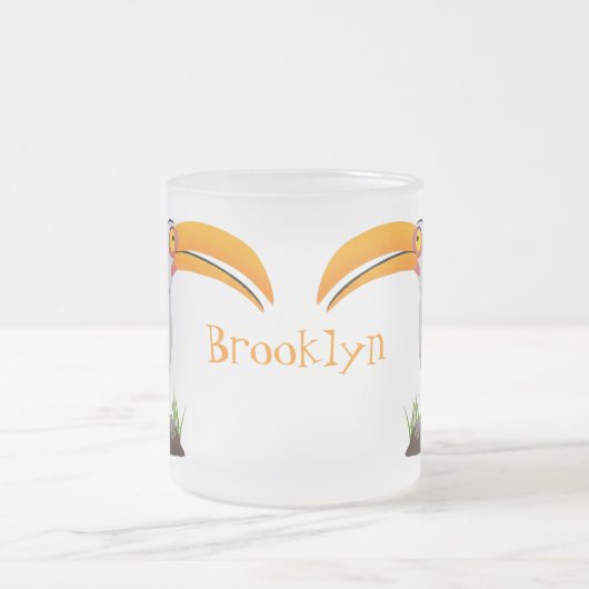 黄色いおもしろいハナシバサリの鳥の漫画 フロストグラスマグカップ (中央)