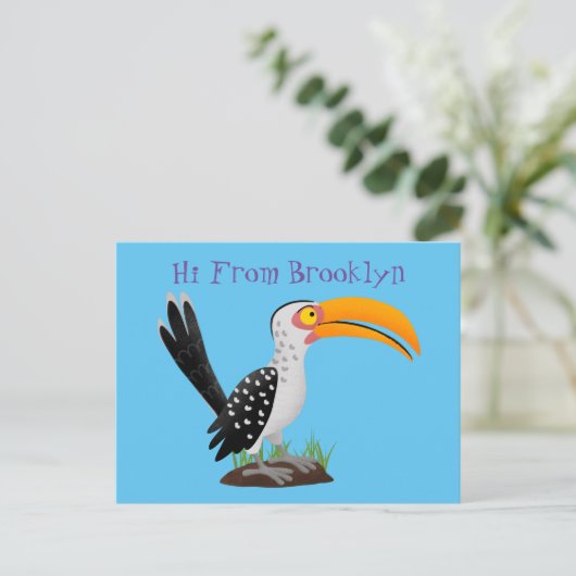 黄色いおもしろいハナシバサリの鳥の漫画 ポストカード (スタンド正面)