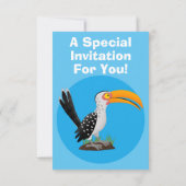 黄色いおもしろいハナシバサリの鳥の漫画 招待状 (裏面)