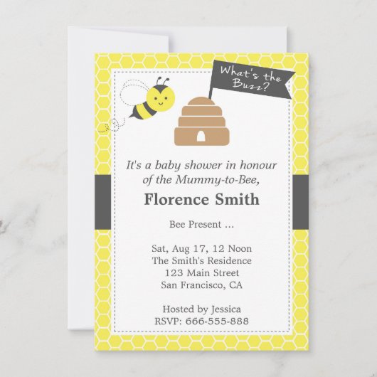 黄色いおよびダークグレーのかわいい蜂のテーマのベビーシャワー 招待状 (正面)