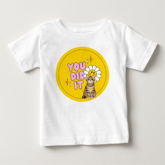 黄色いかわいいレトロ猫デザインTシャツ ベビーTシャツ (正面)