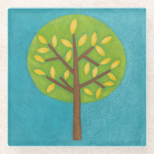 黄色いと緑の木by Chariklia Zarris ガラスコースター (正面)