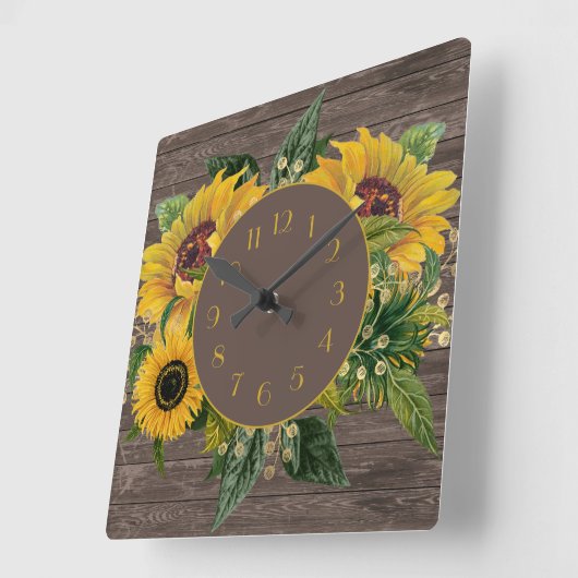 黄色いひまわりの木素朴の国 スクエア壁時計 (傾斜)