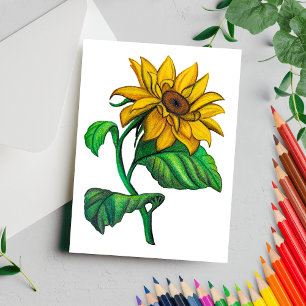 黄色いひまわりの絵 色鉛筆 ポストカード
