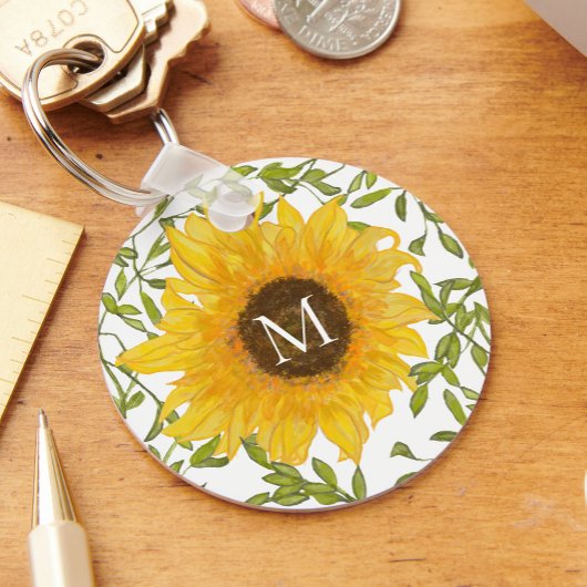 黄色いひまわりの花のカスタムモノグラム キーホルダー