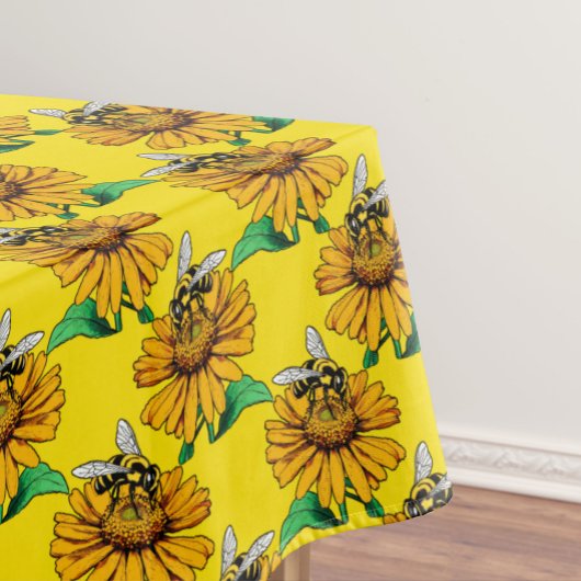 黄色いひまわりの花の模様デザインのミツバチ  テーブルクロス