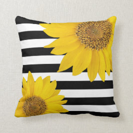 黄色いひまわりの花(黒と白のストライプ) クッション
