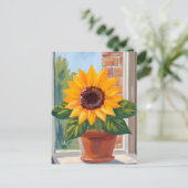 黄色いひまわりの鉢の花の水彩画 ポストカード (スタンド正面)