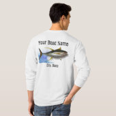 黄色いひれのマグロのカスタムなボートの名前の魚釣りのワイシャツ Tシャツ (裏面フル)