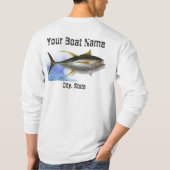 黄色いひれのマグロのカスタムなボートの名前の魚釣りのワイシャツ Tシャツ (裏面)