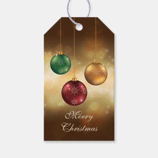 黄色いぼかし背景のカラフルなクリスマスボール ギフトタグ (正面)