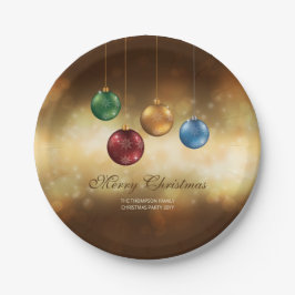 黄色いぼかし背景のカラフルなクリスマスボール ペーパープレート