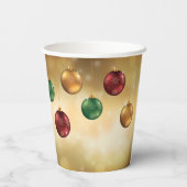 黄色いぼかし背景のカラフルなクリスマスボール 紙コップ (裏面)