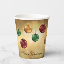 黄色いぼかし背景のカラフルなクリスマスボール 紙コップ