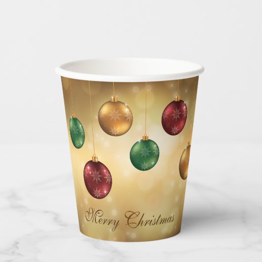 黄色いぼかし背景のカラフルなクリスマスボール 紙コップ (正面)