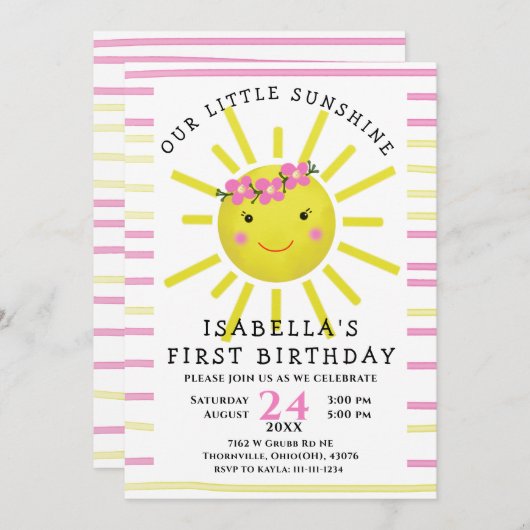 『黄色いわたしたちのリトルサンシャインファーストバースデーパーティー』 招待状 (正面/裏面)