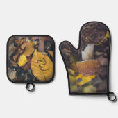 黄色いを持つボレ葉ート 鍋つかみ&鍋敷きセット (正面)