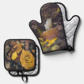 黄色いを持つボレ葉ート 鍋つかみ&鍋敷きセット (正面/裏面)
