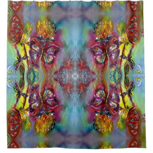 黄色いアザミに赤い蝶、青空のフローラ シャワーカーテン (正面)