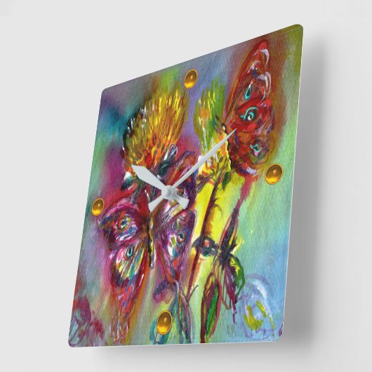 黄色いアザミの赤い蝶、青い空のフローラ スクエア壁時計 (傾斜)