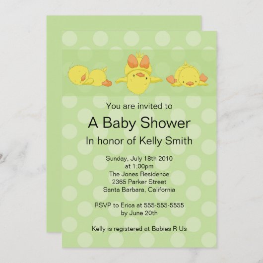 黄色いアヒルのベビーシャワーの招待状 招待状 (正面/裏面)
