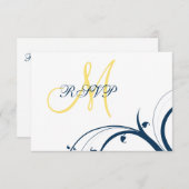 黄色いイニシャル、青は渦巻きまRSVPカードを結婚します 出欠カード (正面/裏面)