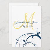 黄色いイニシャル、青は結婚式招待状渦巻きます 招待状 (正面/裏面)