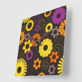 黄色いオレンジ色と紫のレトロな花 スクエア壁時計 (傾斜)