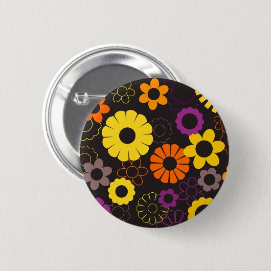 黄色いオレンジ色と紫のレトロな花 缶バッジ (正面&裏面)