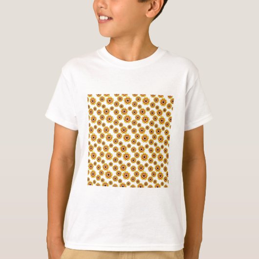 黄色いオレンジ色の花のパターン Tシャツ (正面)