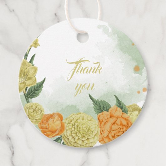 黄色いオレンジ色の花グリーンリースメッセージカード フェイバータグ (正面)