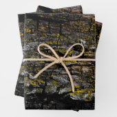 黄色いカッコいい地衣類を持つ茶色の苔むした木の樹皮 ラッピングペーパーシート (インサイチュ)