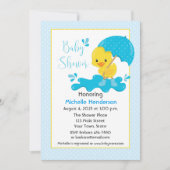 黄色いカモ、傘、青い水玉模様のベビーシャワー 招待状 (正面)