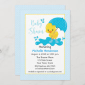 黄色いカモ、傘、青い水玉模様のベビーシャワー 招待状 (正面/裏面)