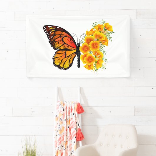 黄色いカリフォルニアポピーの花蝶 横断幕 (インサイチュ)