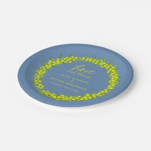 黄色いガラガラの花の水の色のアートの結婚プレート ペーパープレート (アングル)