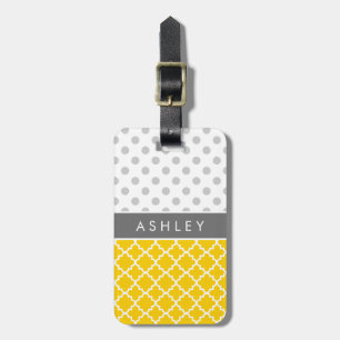 黄色いクローバーおよび灰色の水玉模様パターン ラゲッジタグ
