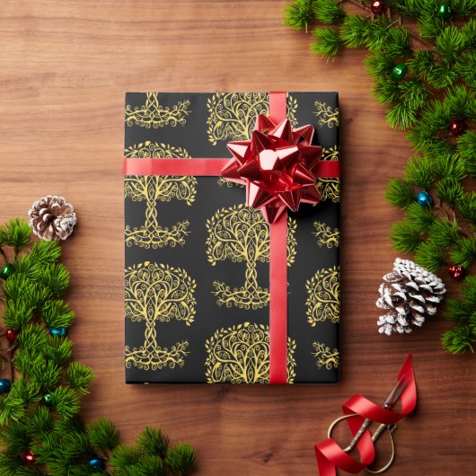 黄色いケルト色の生命の木 ラッピングペーパー (クリスマスギフト)
