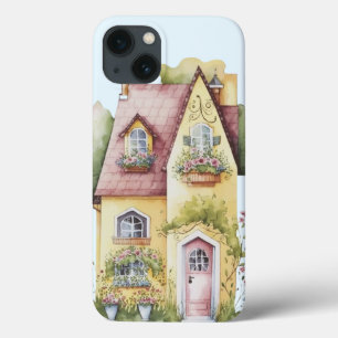 黄色いコテージ赤い屋根の窓の木 iPhone 13ケース