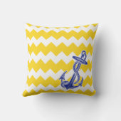 黄色いシェブロンの青いいかりの枕 クッション (裏面)